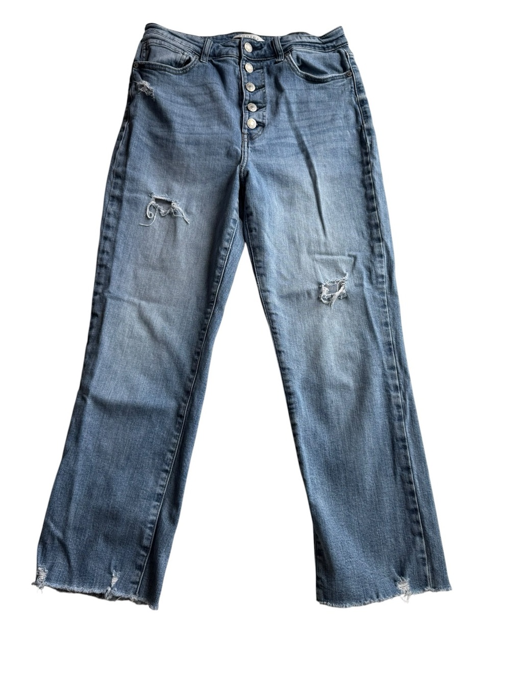 Eunina Ally Ultra High Rise Crop Distressed Denim Jeans Blue Size 11 Button fly